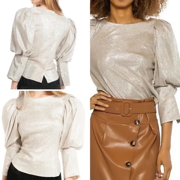 NWT Bloom Season Sparkly Long Puff Sleeve Button Back Christmas Top Holiday L - Picture 3 of 12